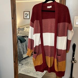 Red and Pink Striped Sweater Cardigan
